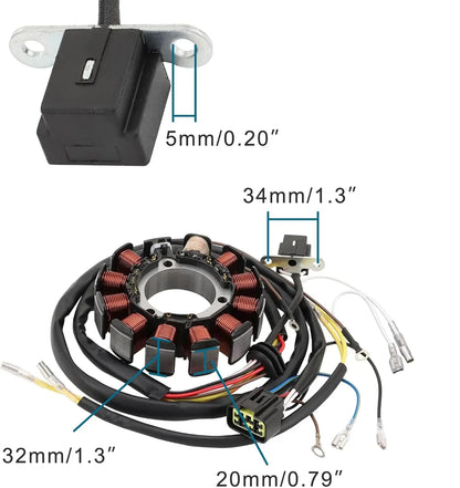Polaris Ranger 6x6 stator assembly with wiring harness and connector, labeled measurements