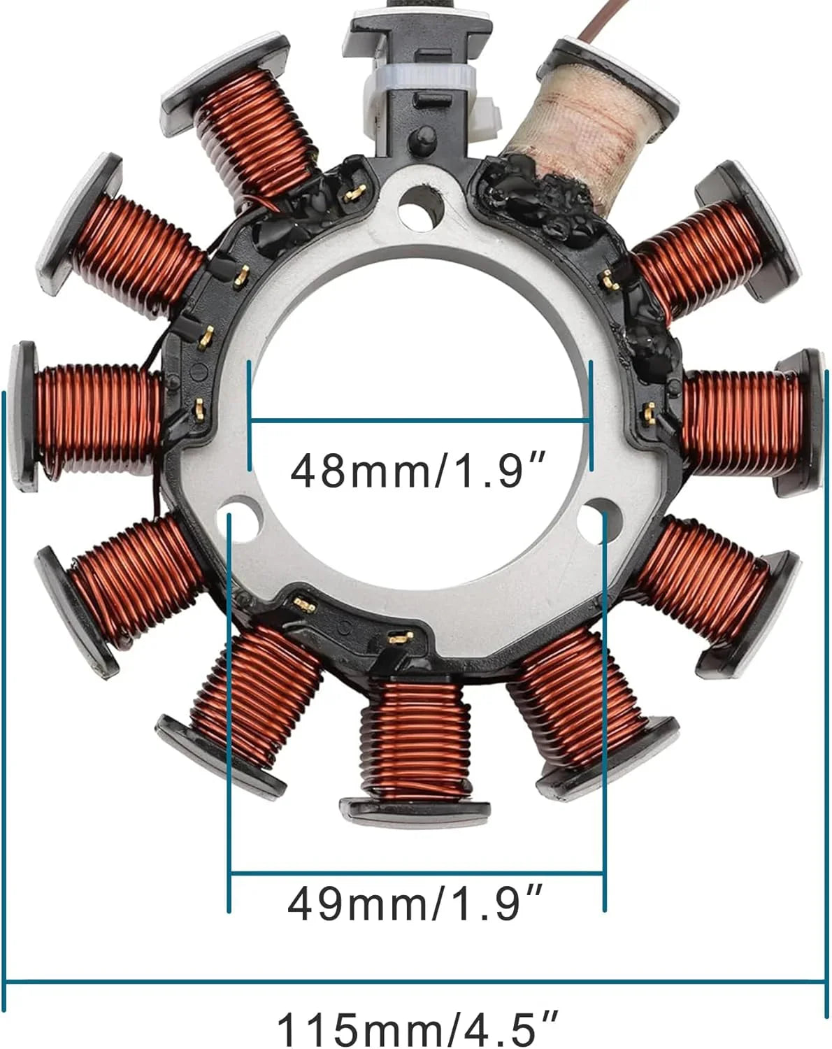 Polaris Ranger 500 6x6 stator assembly with copper coils and measurement dimensions