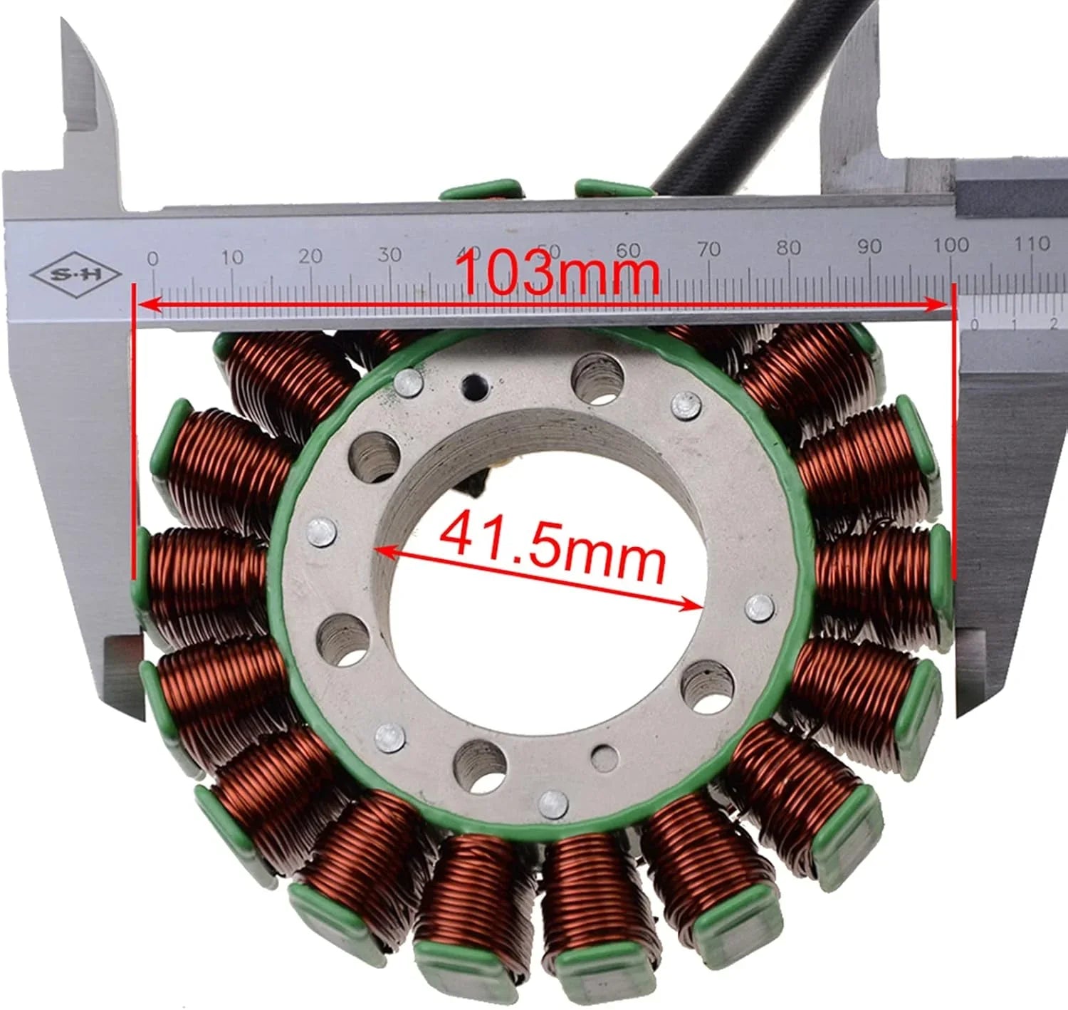 Yamaha XV250 magneto stator with caliper measuring 103mm outer and 41.5mm inner diameter