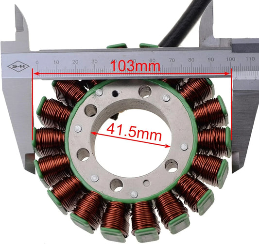 Yamaha XV250 magneto stator with caliper measuring 103mm outer and 41.5mm inner diameter