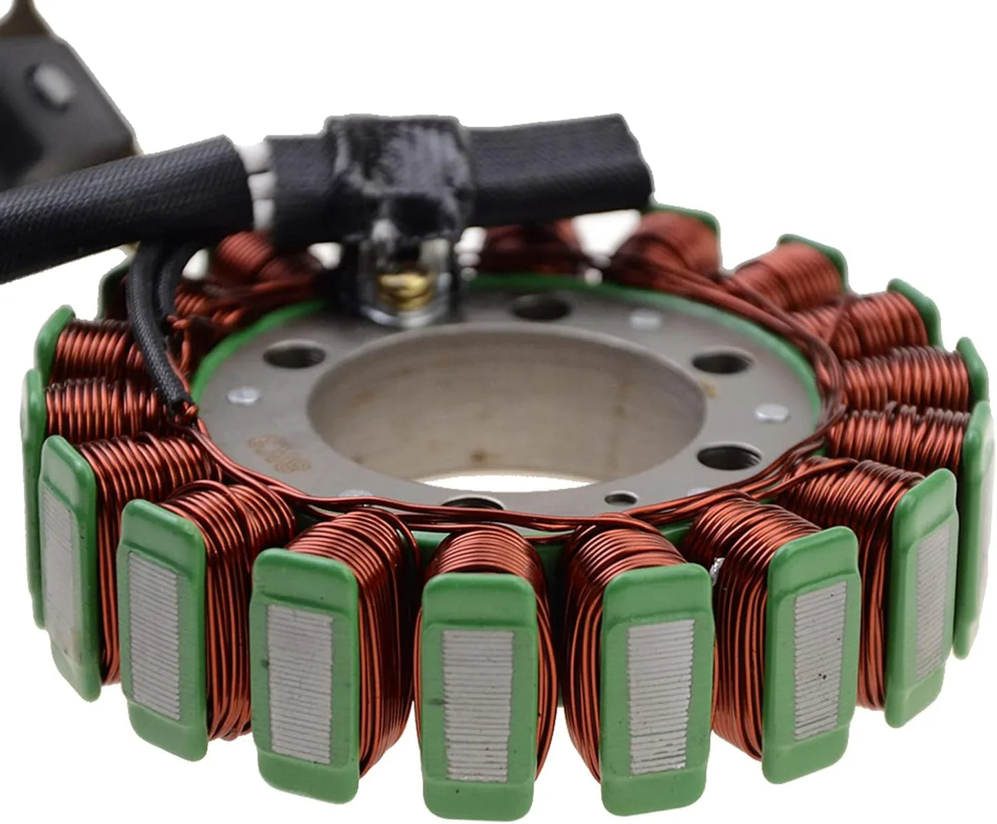 Yamaha XV250 magneto stator coil with copper wire and green terminal ends, closeup view