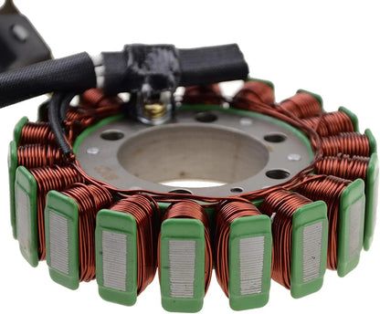 Yamaha XV250 magneto stator coil with copper wire and green terminal ends, closeup view
