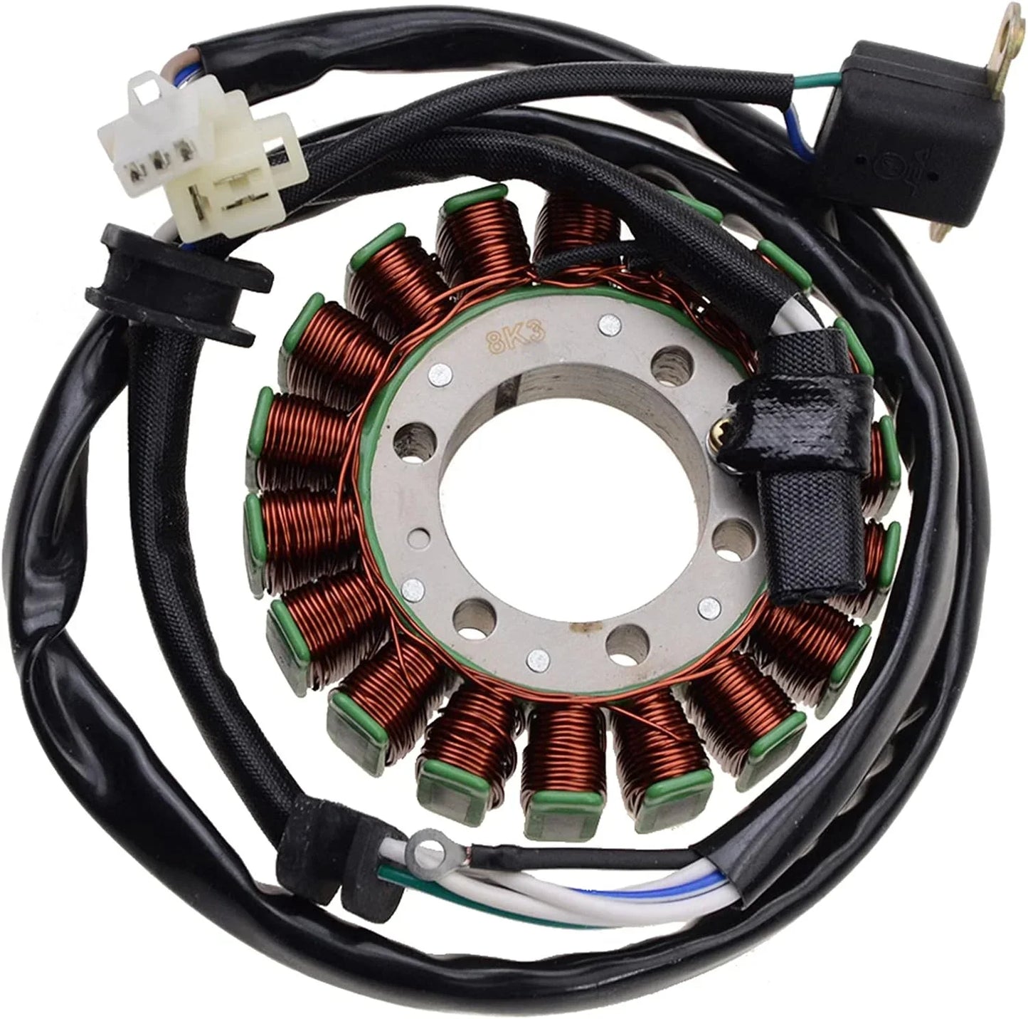 Yamaha XV250 magneto stator with copper coil wiring and connectors, motorcycle engine part