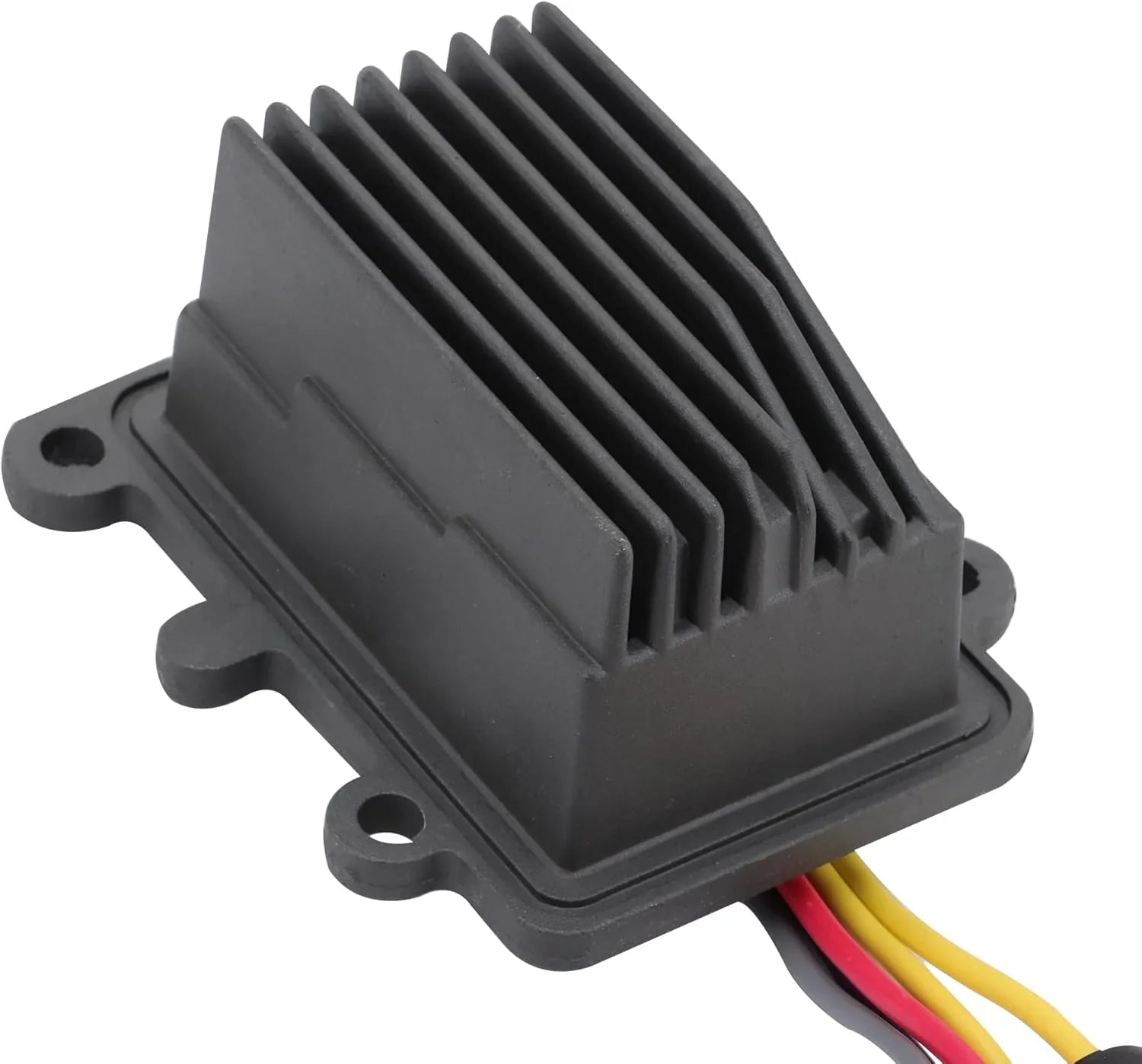 Outboard engine voltage regulator rectifier with finned black housing and colored wires