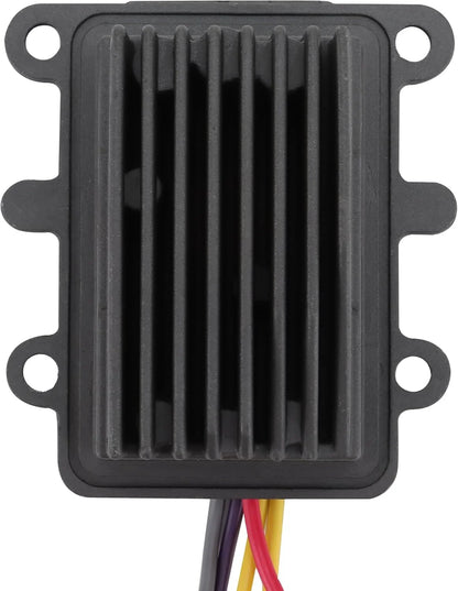 Outboard regulator rectifier with finned black casing and exposed colorful wires