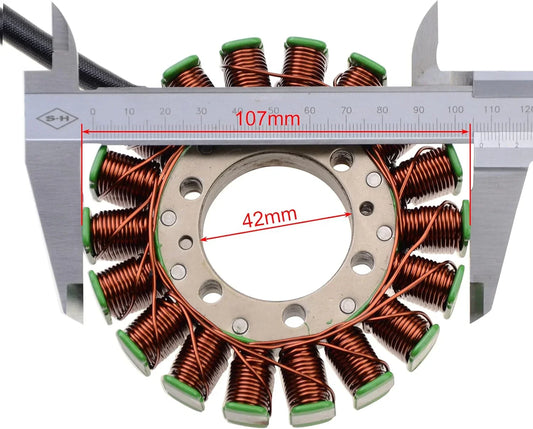 Honda CB400 stator replacement part with caliper showing 107mm and 42mm measurements