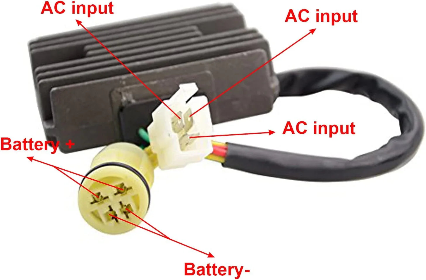 Motorcycle regulator rectifier for Honda XRV750 Africa Twin with labeled AC input and battery terminals.