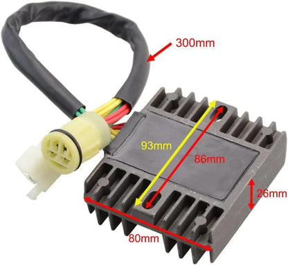 Honda XRV750 Africa Twin regulator rectifier with wire harness, labeled dimensions