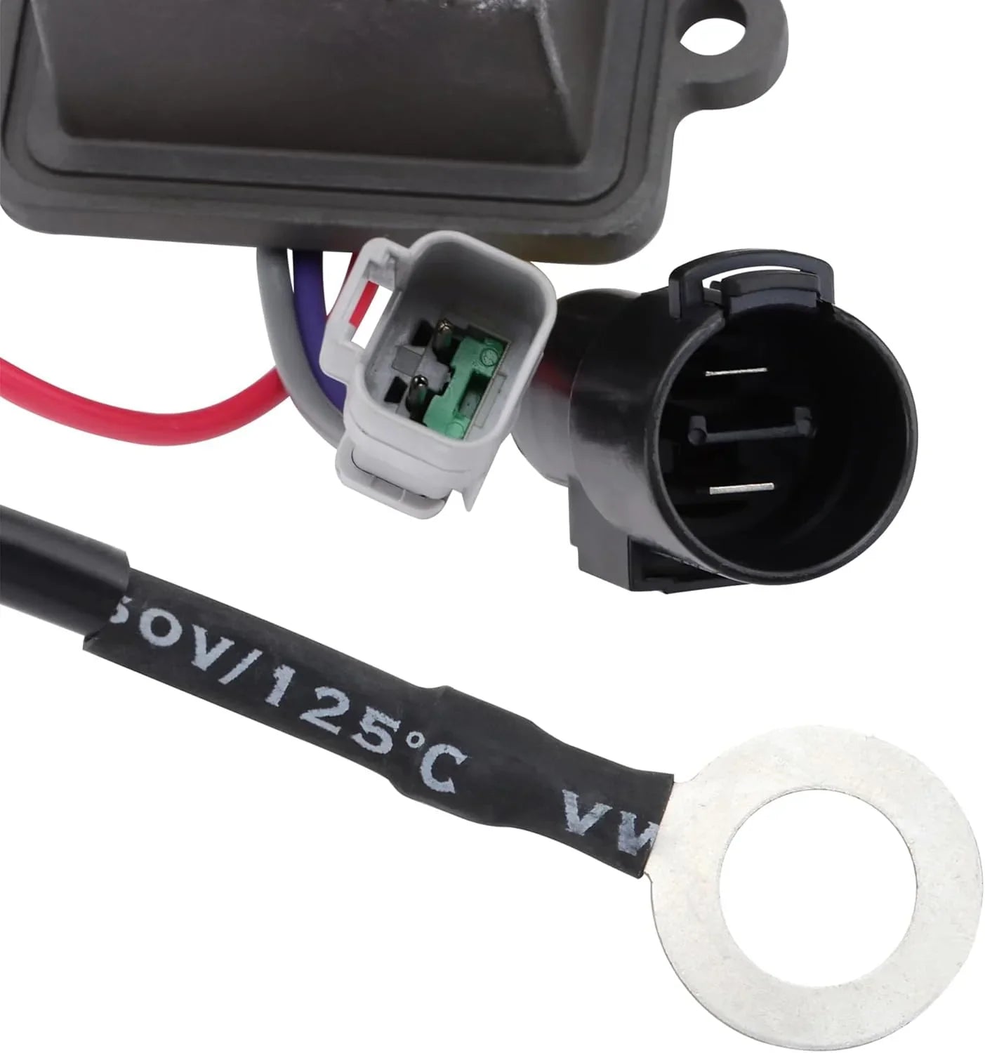 Boat engine rectifier regulator with connectors, wiring, and metal ring terminal