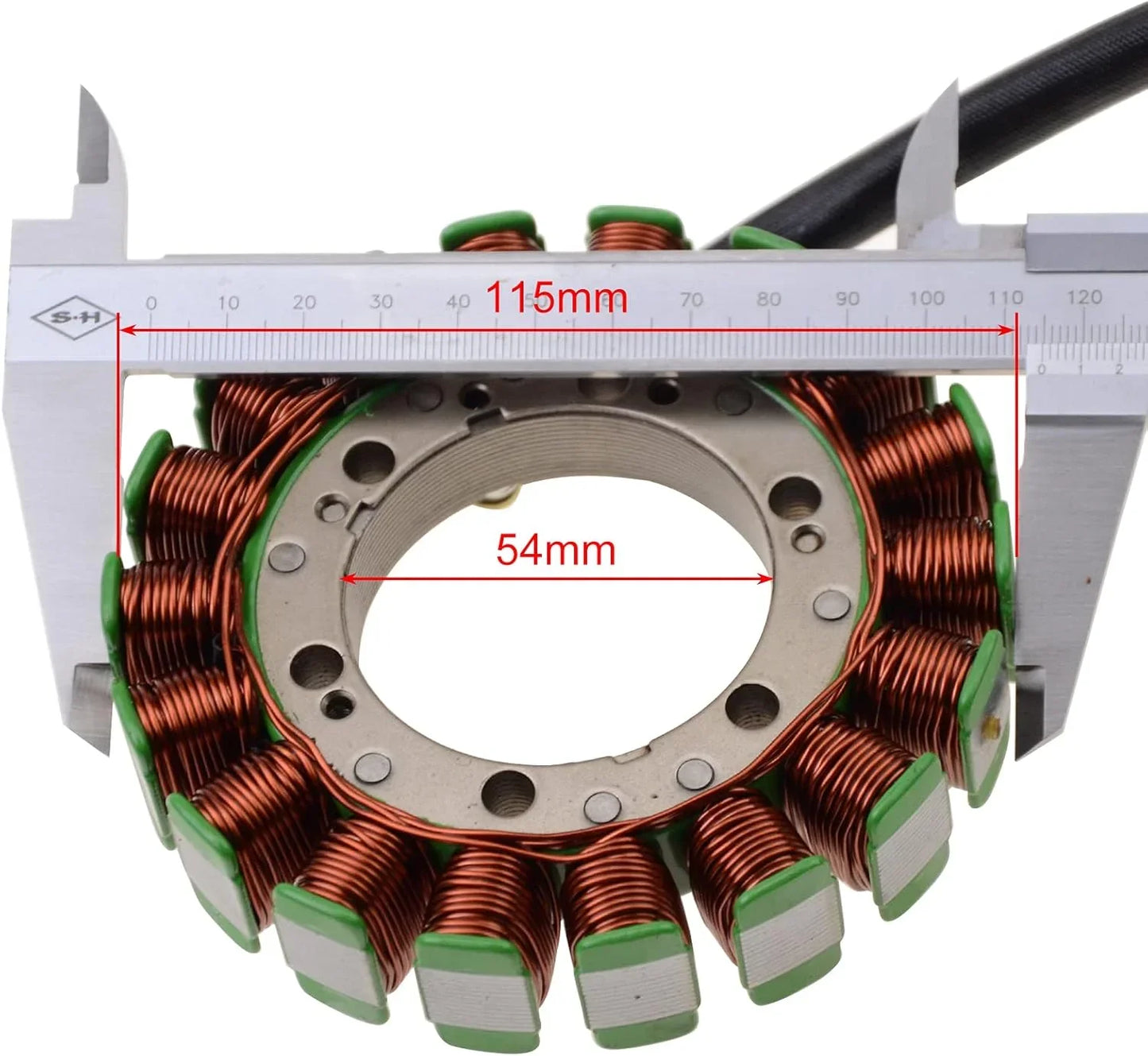 Yamaha TDM850 stator magneto with caliper measuring 54mm inner and 115mm outer diameter