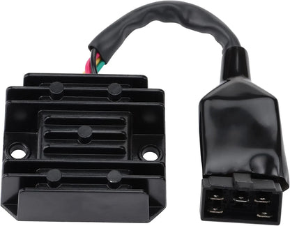Black motorcycle voltage regulator rectifier compatible with Suzuki GSX-R models, wiring visible
