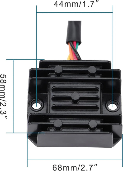 Motorcycle voltage regulator rectifier for Suzuki GSX-R600 GSX-R750 GSX-R1000, black, with dimensions 44mm x 58mm x 68mm.