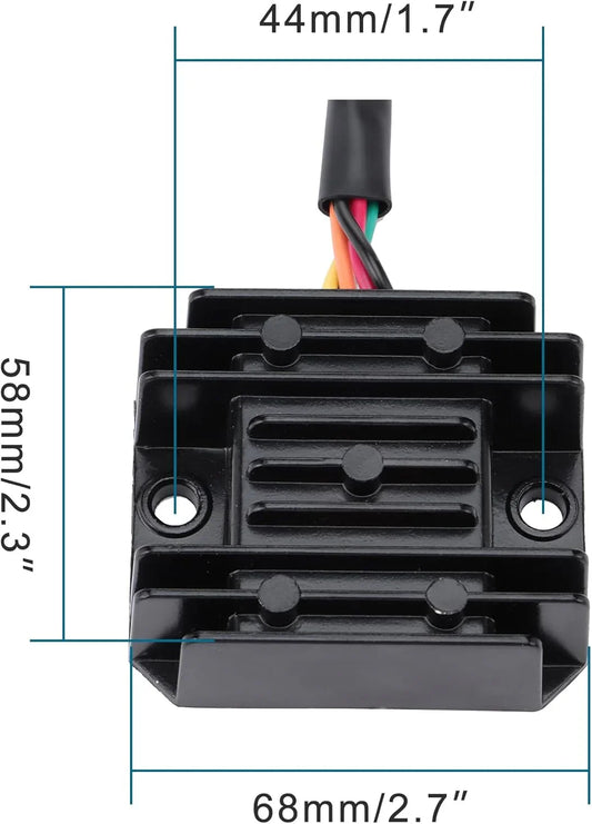 Motorcycle voltage regulator rectifier for Suzuki GSX-R600 GSX-R750 GSX-R1000, black, with dimensions 44mm x 58mm x 68mm.