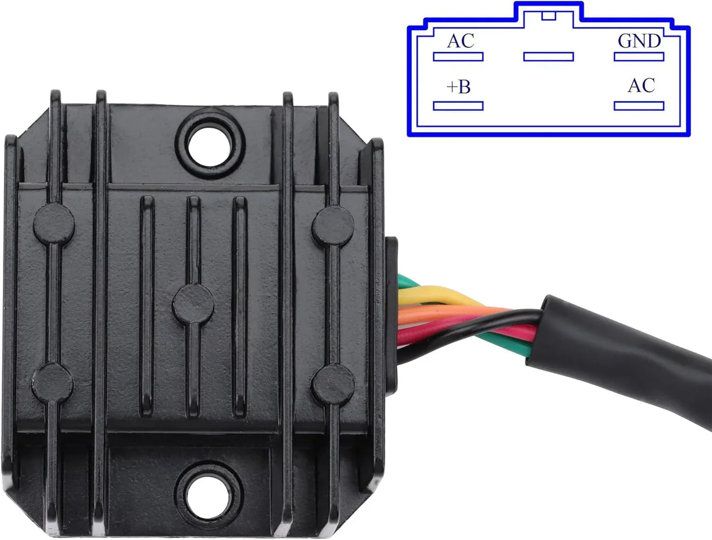 Motorcycle rectifier regulator for Suzuki GSX-R600 GSX-R750 GSX-R1000, front view with wiring.
