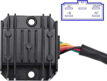 Motorcycle rectifier regulator for Suzuki GSX-R600 GSX-R750 GSX-R1000, front view with wiring.