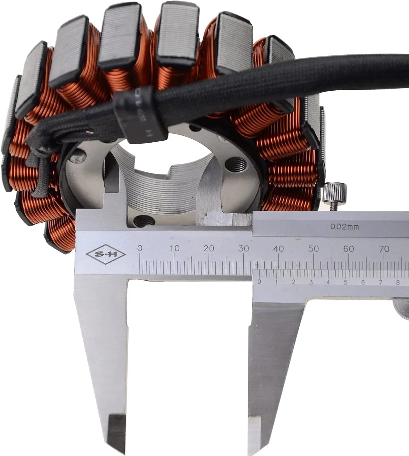 Motorcycle stator coil for Honda CB400 VTEC being measured with a caliper tool
