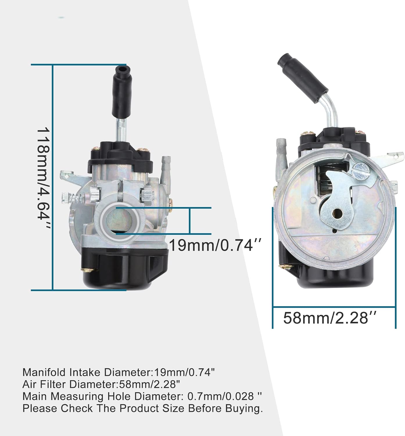 19mm Carburetor with 58mm Air Filter for 49cc–80cc 2-Stroke Motorized Bike