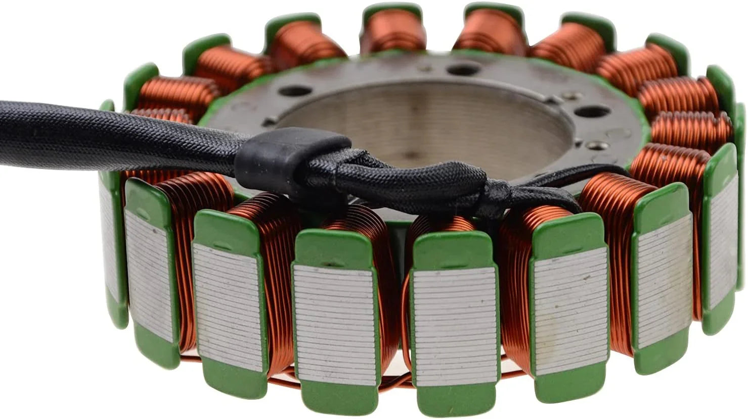 Close-up of a motorcycle stator magneto with copper coils and green details