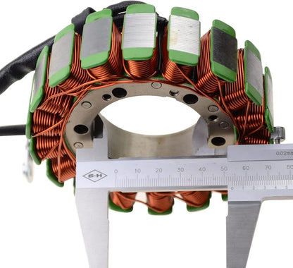 Aprilia SL1000 Falco stator magneto replacement part with copper coils being measured by caliper