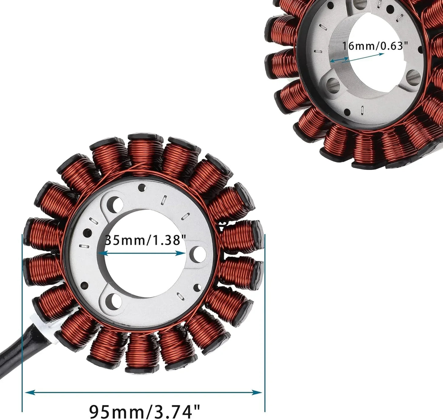 Honda TRX350 Rancher 350 stator replacement part with dimensions, copper coil close-up