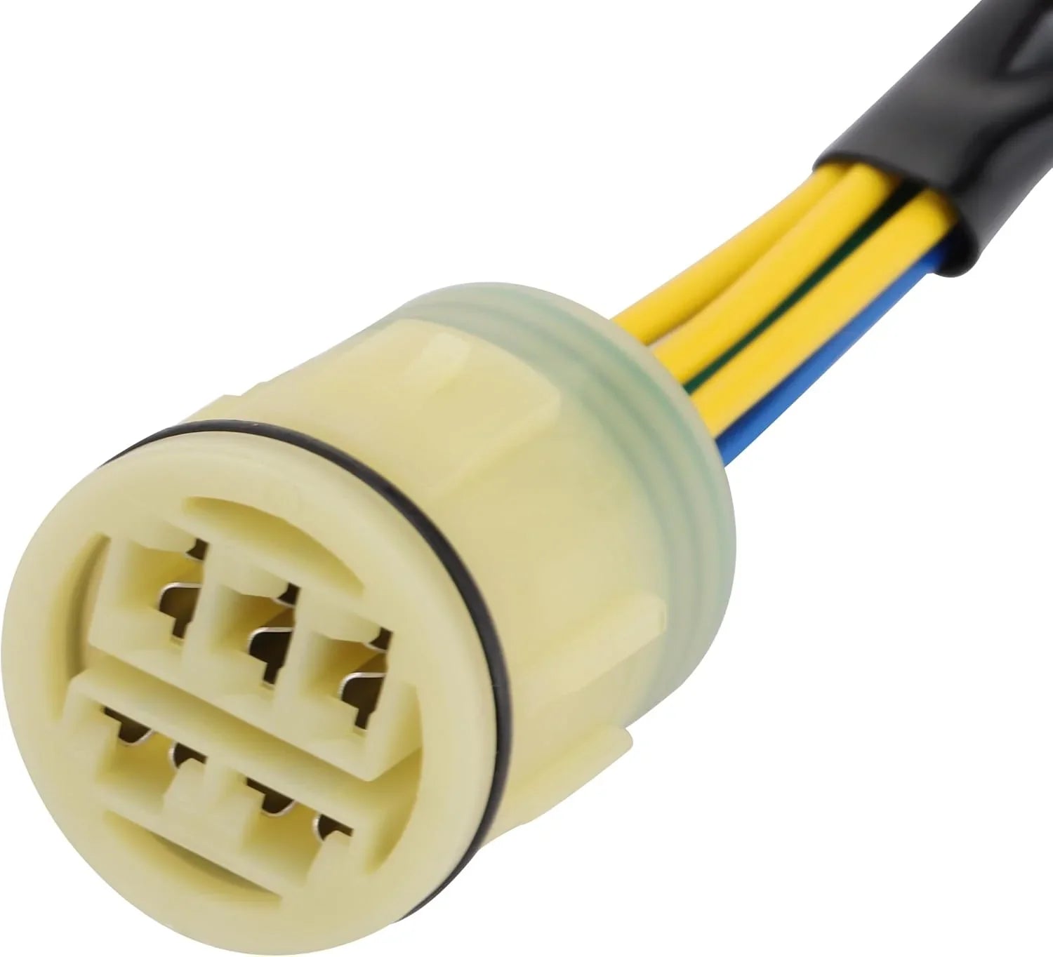 Close-up of a Honda TRX350 Rancher 350 stator connector with yellow and blue wires