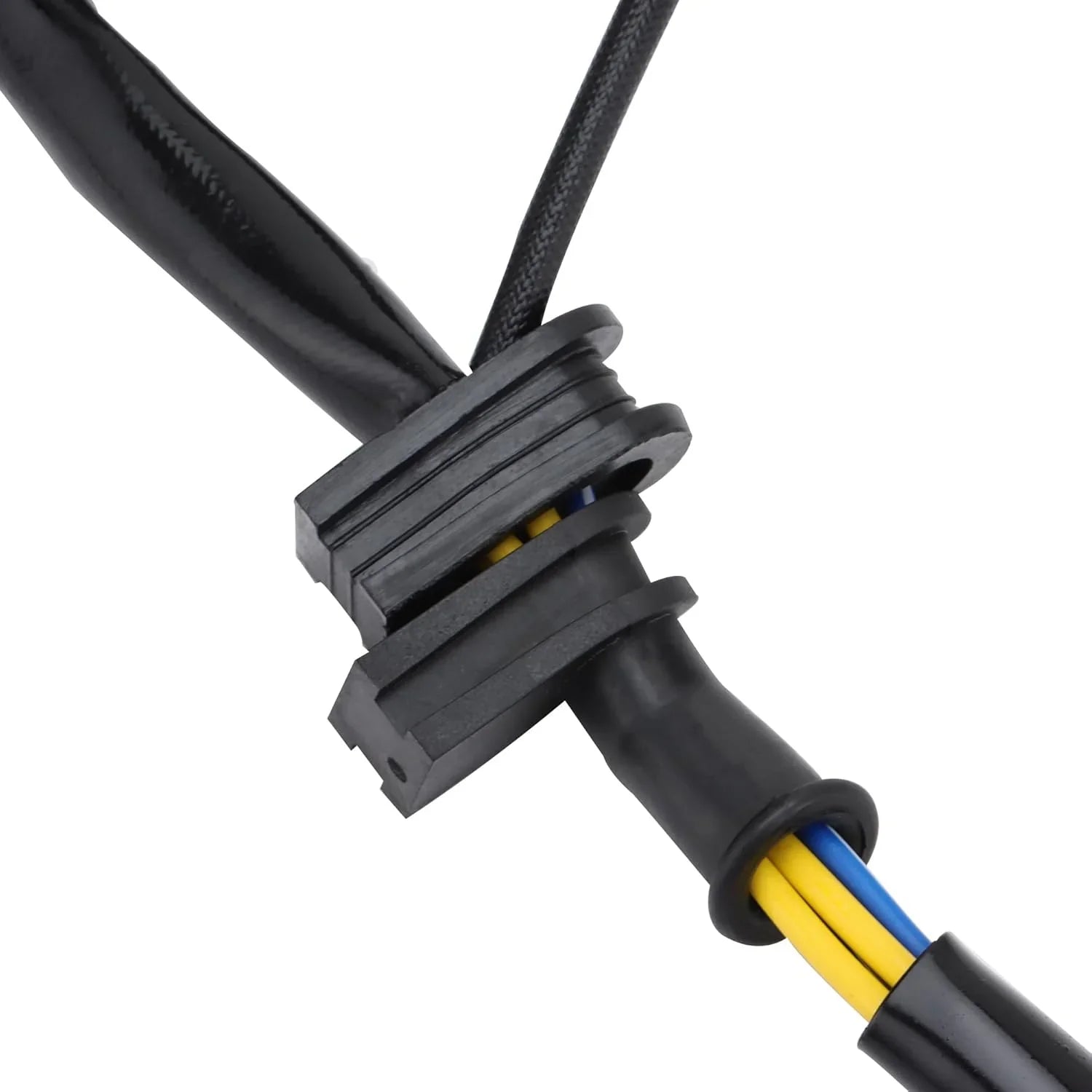 Close-up of black connector plug with yellow and blue wires for ATV stator replacement