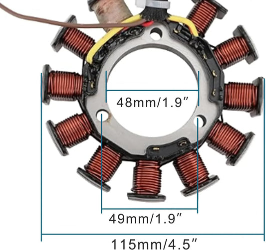 Polaris stator coil replacement part with copper windings and measurement details in millimeters.