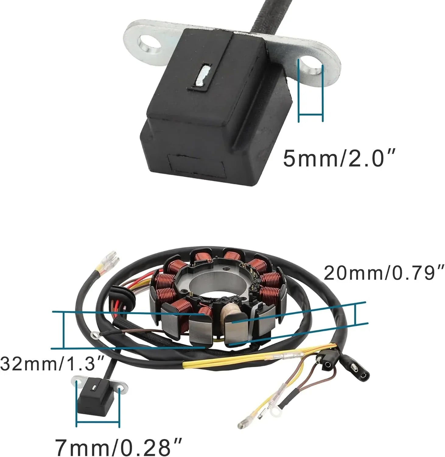 Polaris ATV stator and pickup coil replacement set with measurement labels, compatible with Magnum, Scrambler, Sportsman 500.