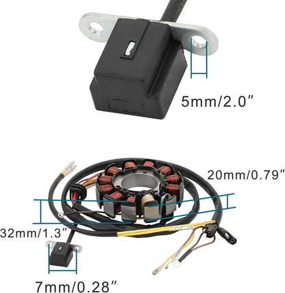 Polaris ATV stator and pickup coil replacement set with measurement labels, compatible with Magnum, Scrambler, Sportsman 500.