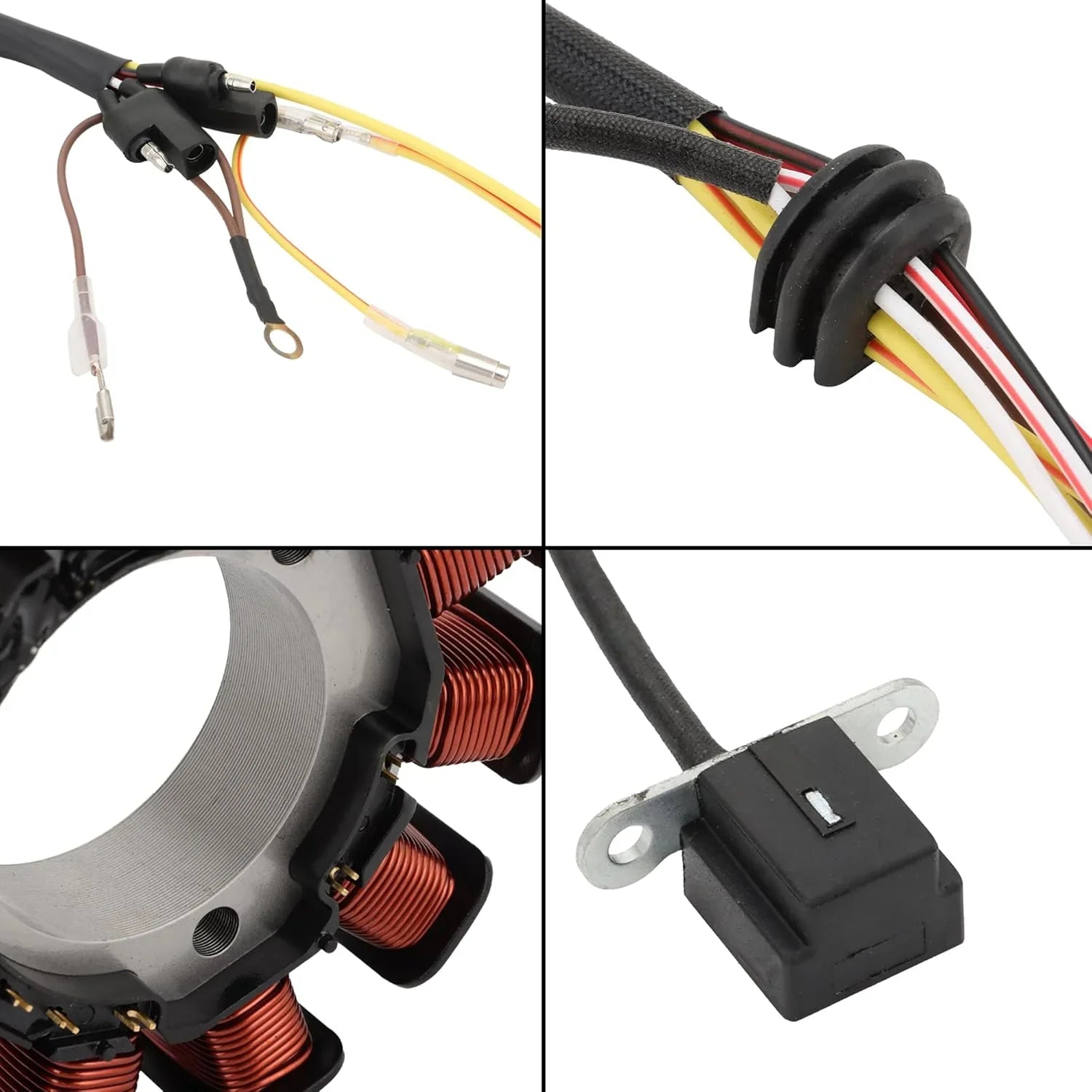 Polaris Magnum Scrambler Sportsman 500 stator wiring harness close-up, copper coils, connectors.