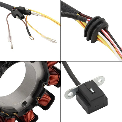 Polaris Magnum Scrambler Sportsman 500 stator wiring harness close-up, copper coils, connectors.