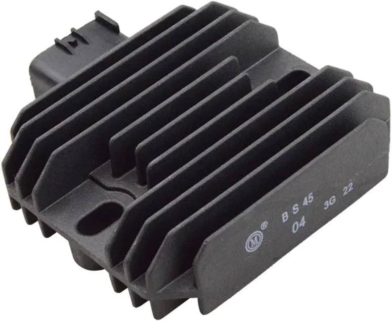 Kawasaki Ninja motorcycle regulator rectifier with cooling fins, black finish, closeup