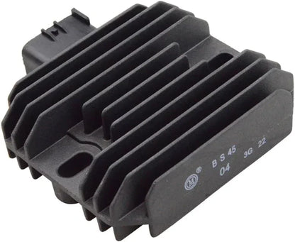 Kawasaki Ninja motorcycle regulator rectifier with cooling fins, black finish, closeup