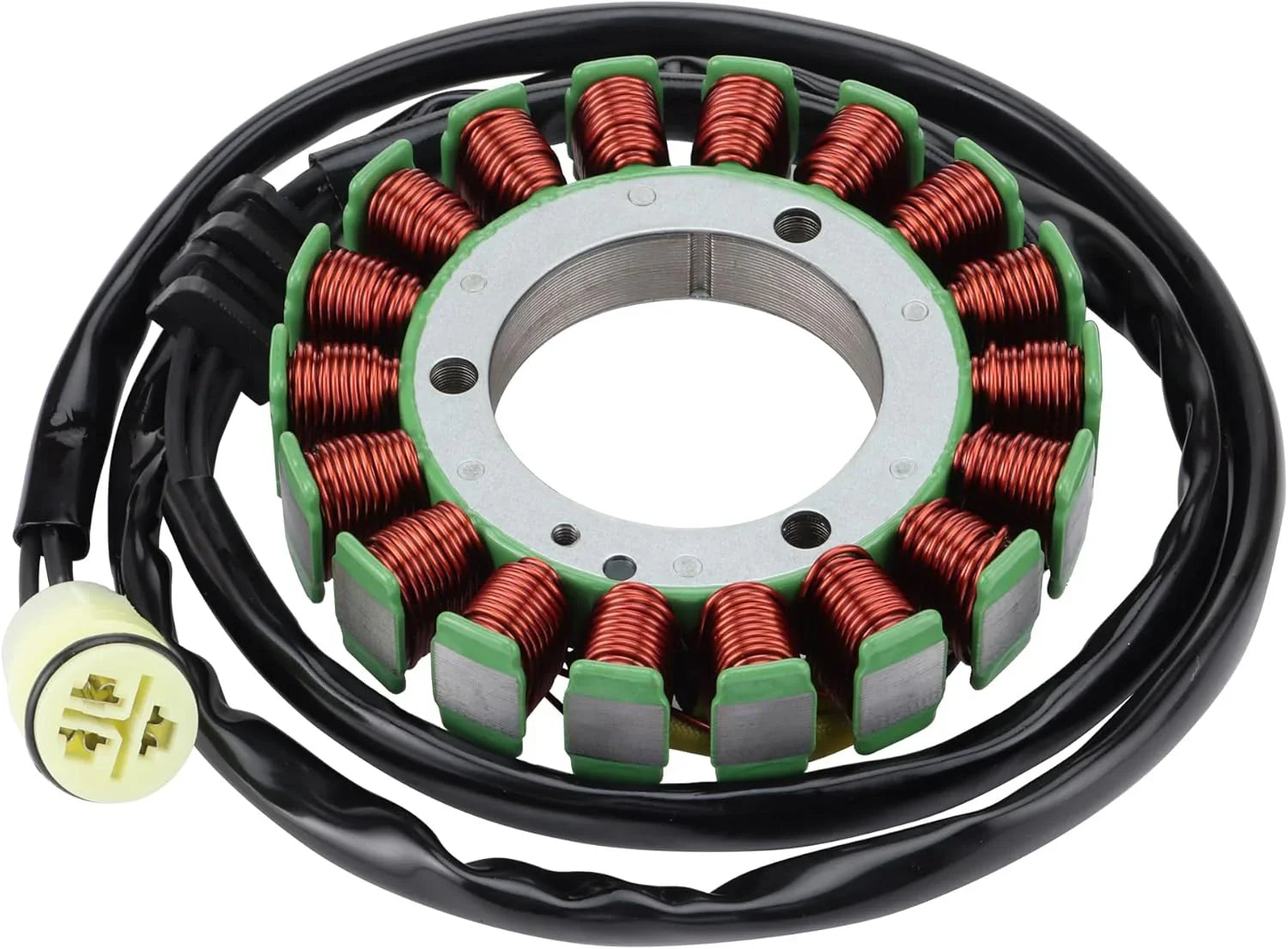 Motorcycle stator replacement part with copper coils and wiring for Kawasaki KFX700, KVF650, KVF750 models.