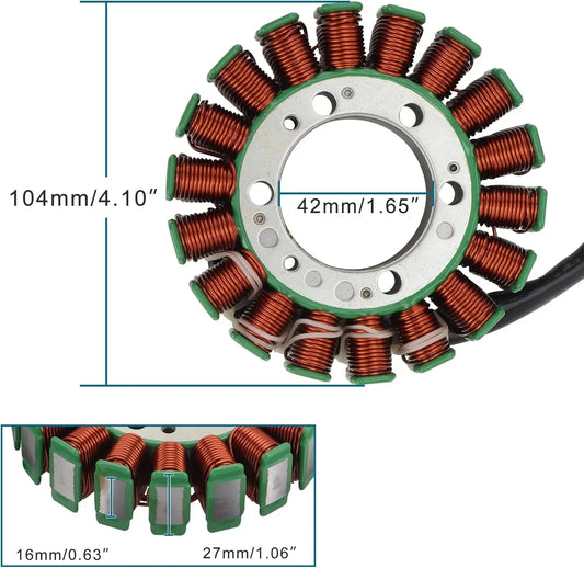 Motorcycle stator coil for Kawasaki ZX-6R ZX-6RR 2005-2006 with detailed measurements.