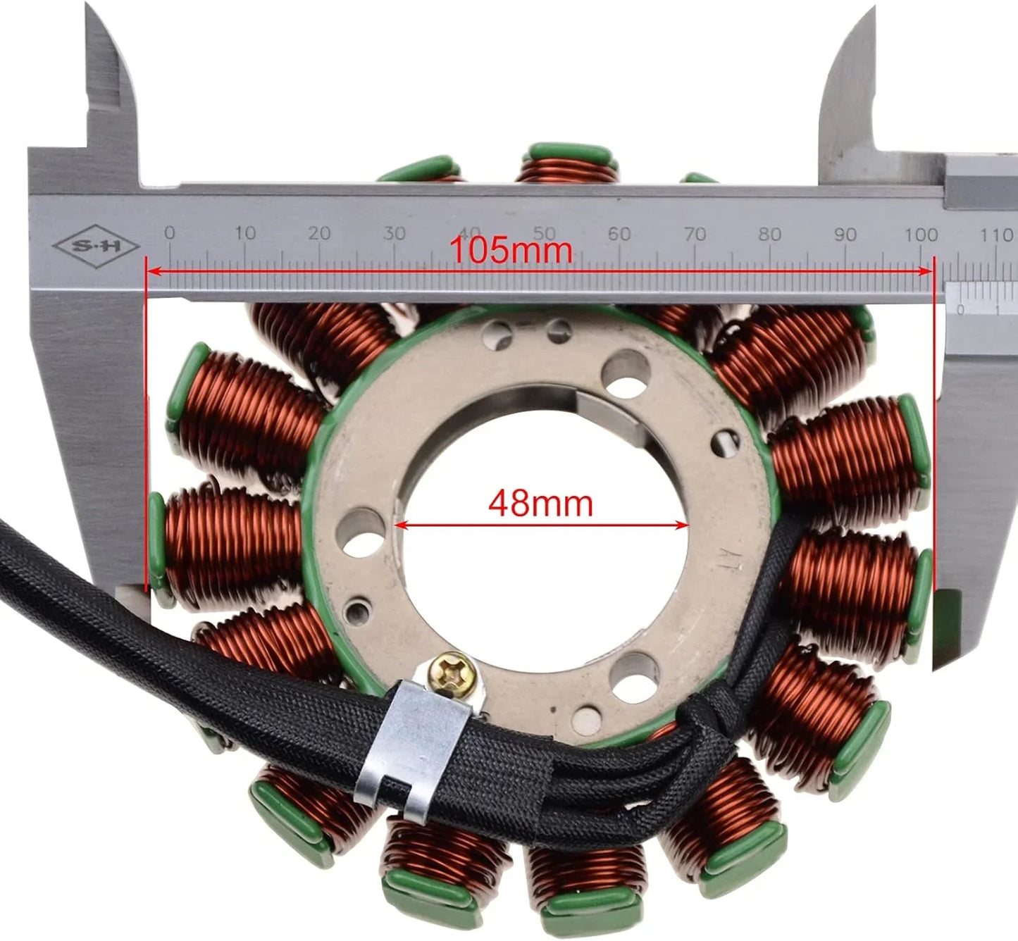 Suzuki GSX-R1000 magneto stator replacement with caliper showing 105mm and 48mm measurements