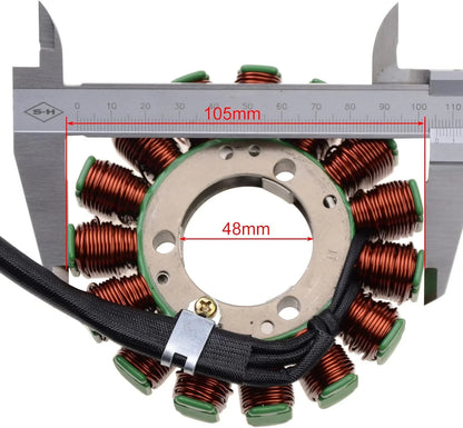 Suzuki GSX-R1000 magneto stator replacement with caliper showing 105mm and 48mm measurements