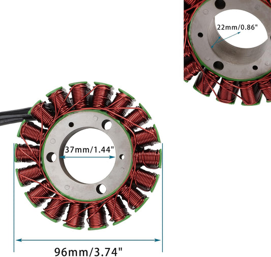 Piaggio 400 500 stator replacement part with measurement details, copper wire coils visible