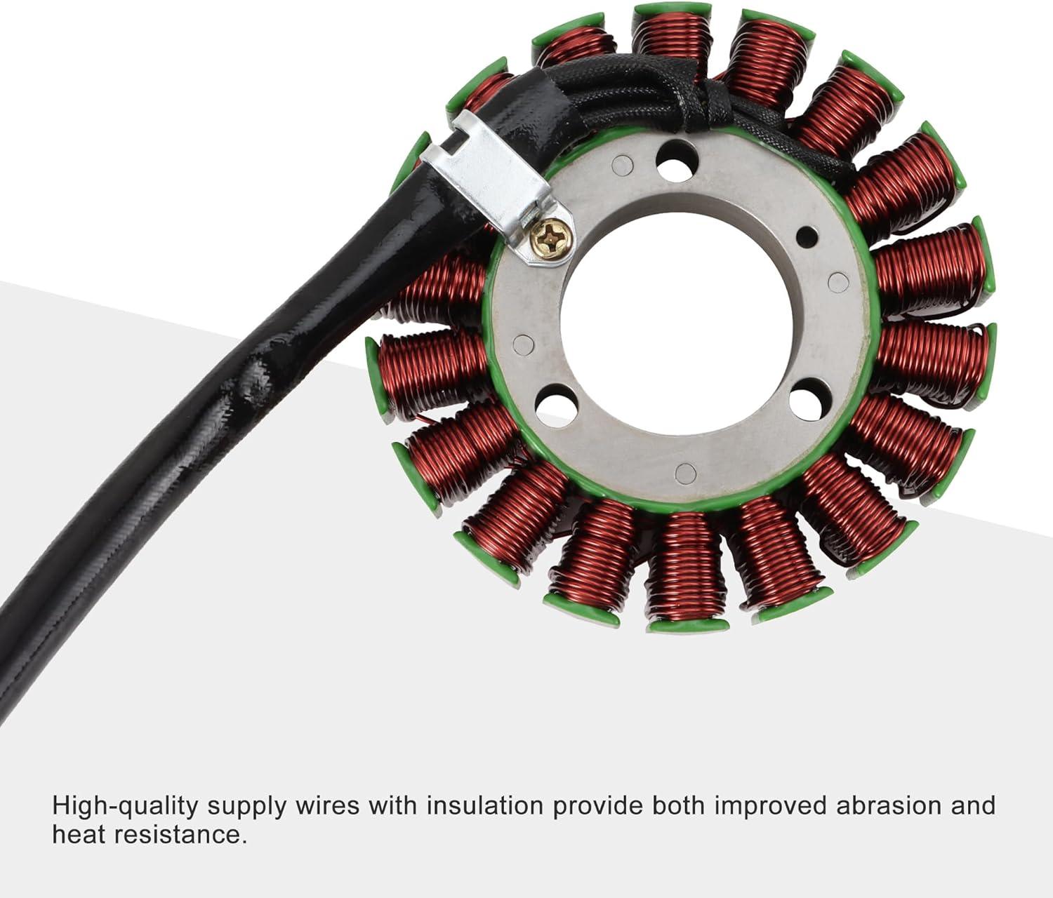 Piaggio scooter stator replacement part with copper coils and insulated supply wires.