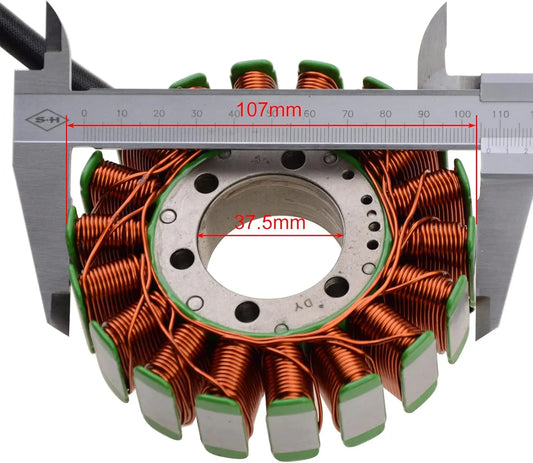 Motorcycle magneto stator coil with measurements for Suzuki GSXR400, 18 coil, 3-wire