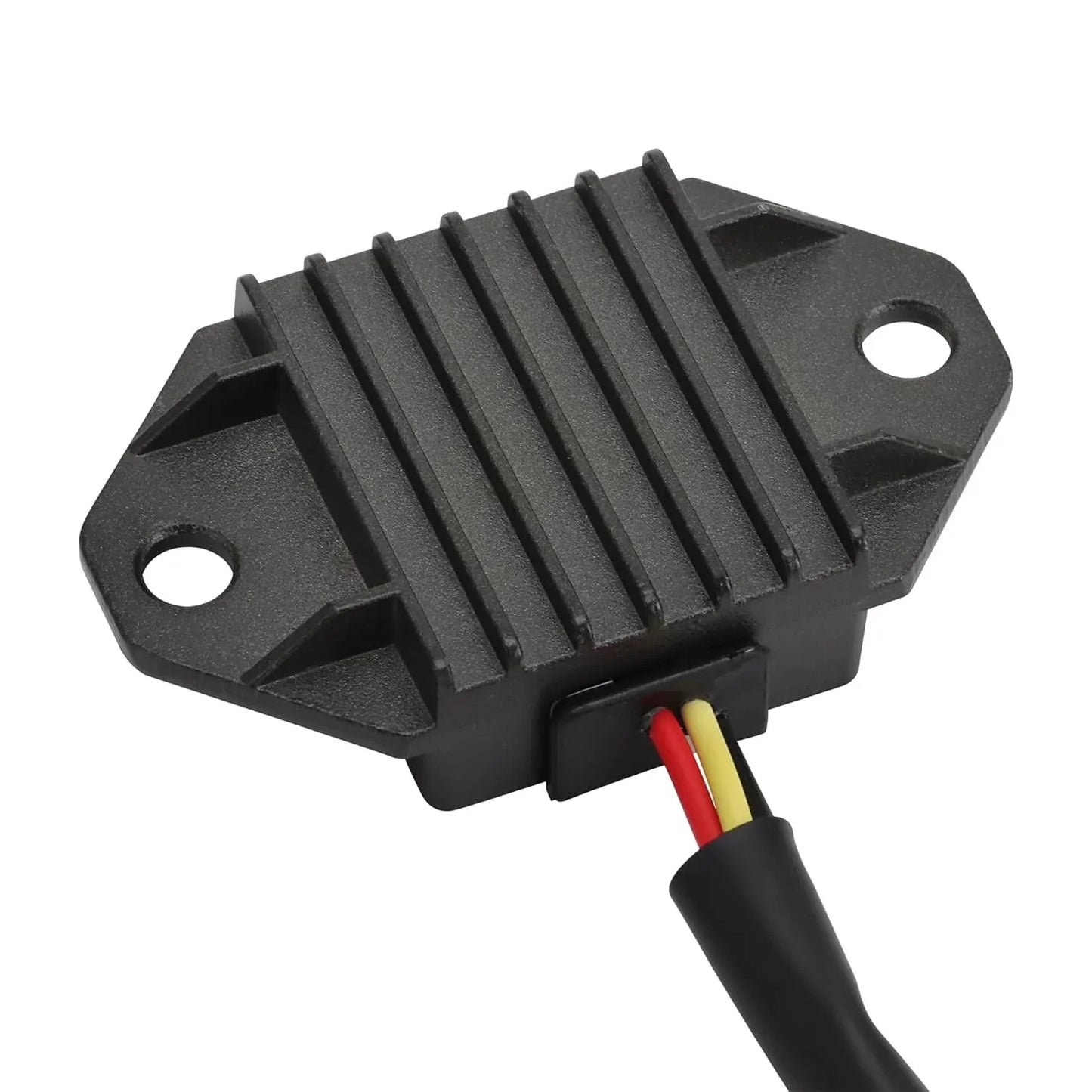 Motorcycle regulator rectifier with black finned heat sink and colored wires for Yamaha WR250F WR450F 2007-2014.