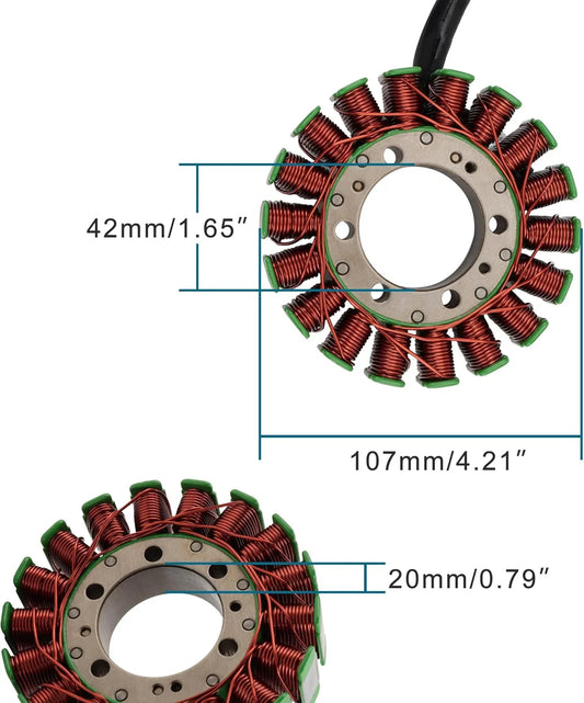 Honda TRX420 Rancher stator with copper wire coils and measurement labels, motorcycle part