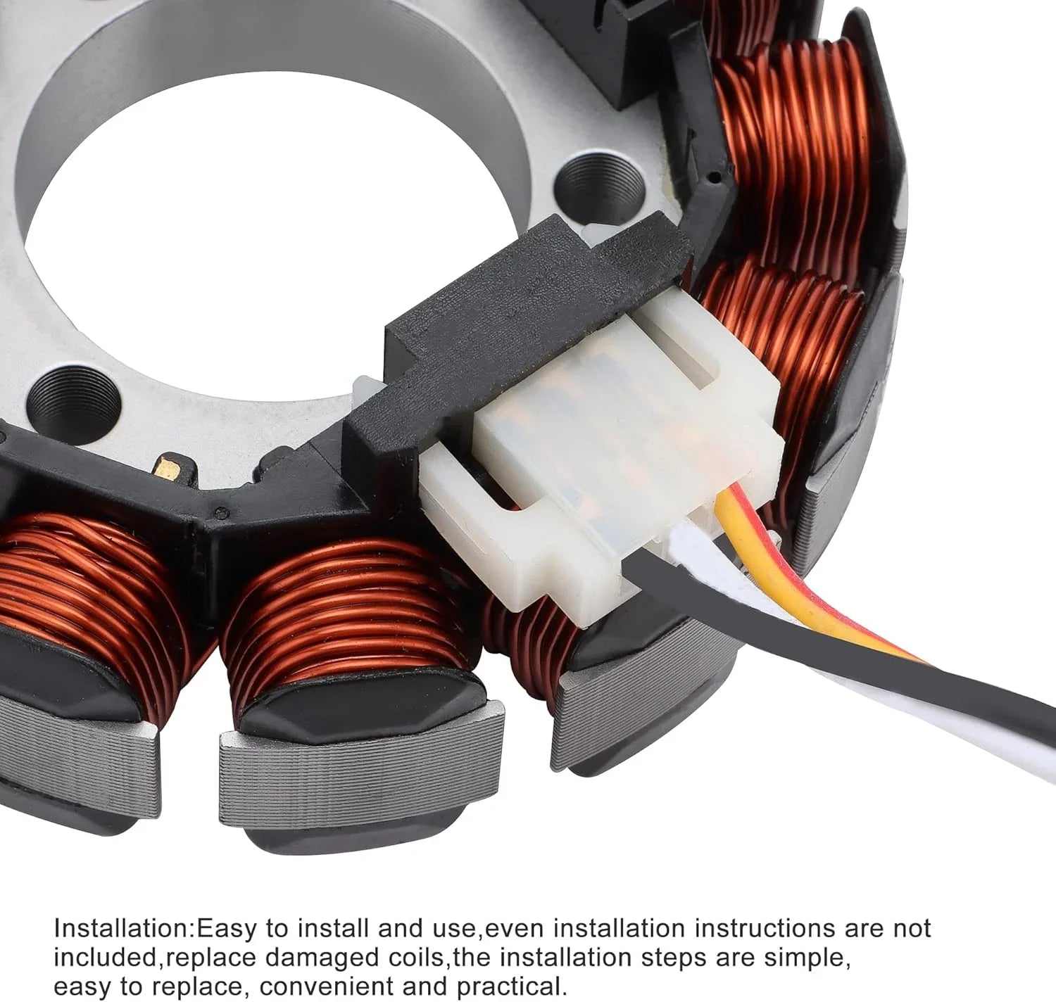 Close-up of Yamaha Neo 115 magneto stator coil with wiring harness for motorcycle engine repair