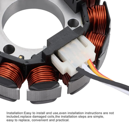 Close-up of Yamaha Neo 115 magneto stator coil with wiring harness for motorcycle engine repair
