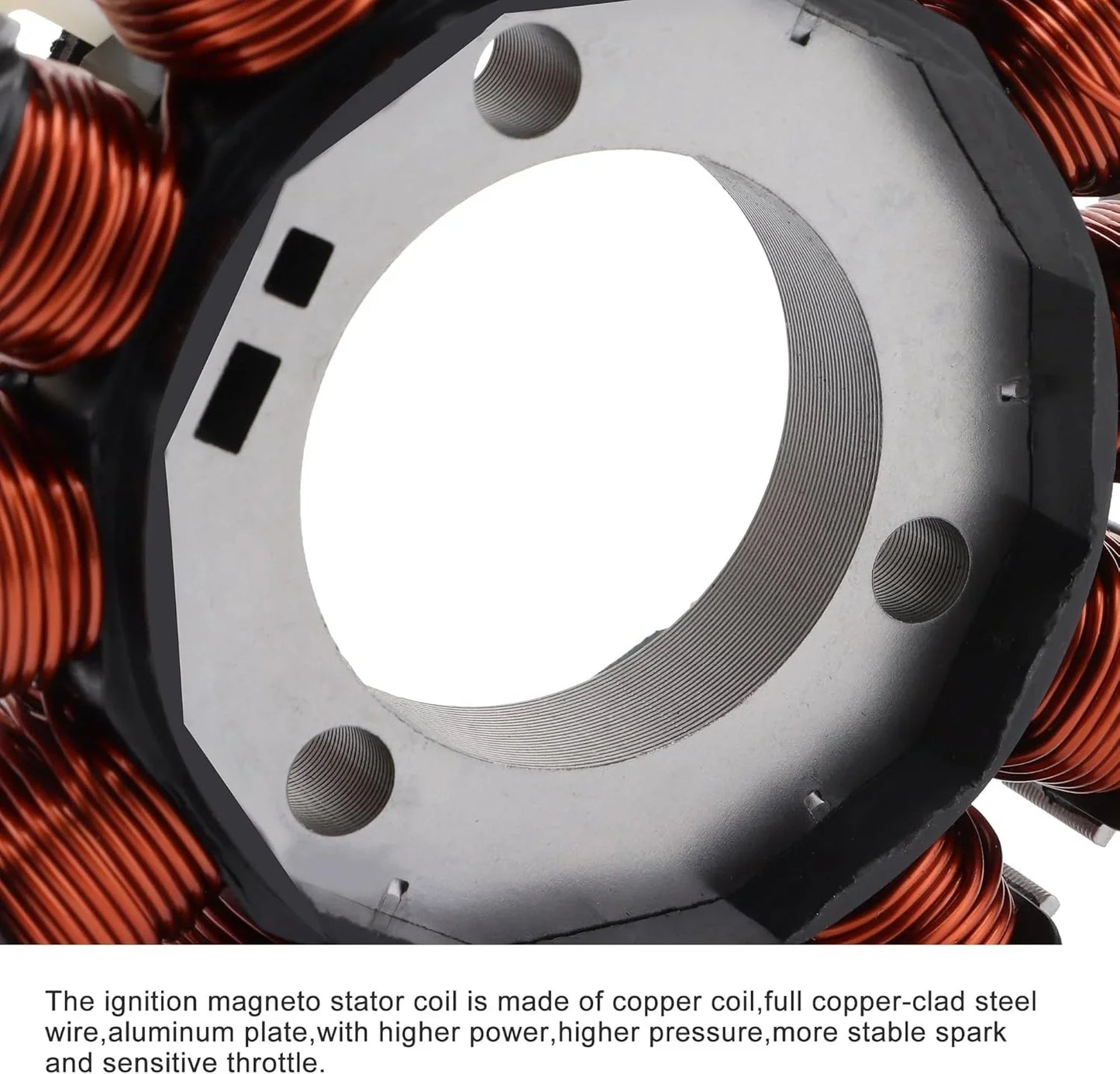 Close-up of Yamaha Neo 115 magneto stator coil with copper wiring and aluminum plate.