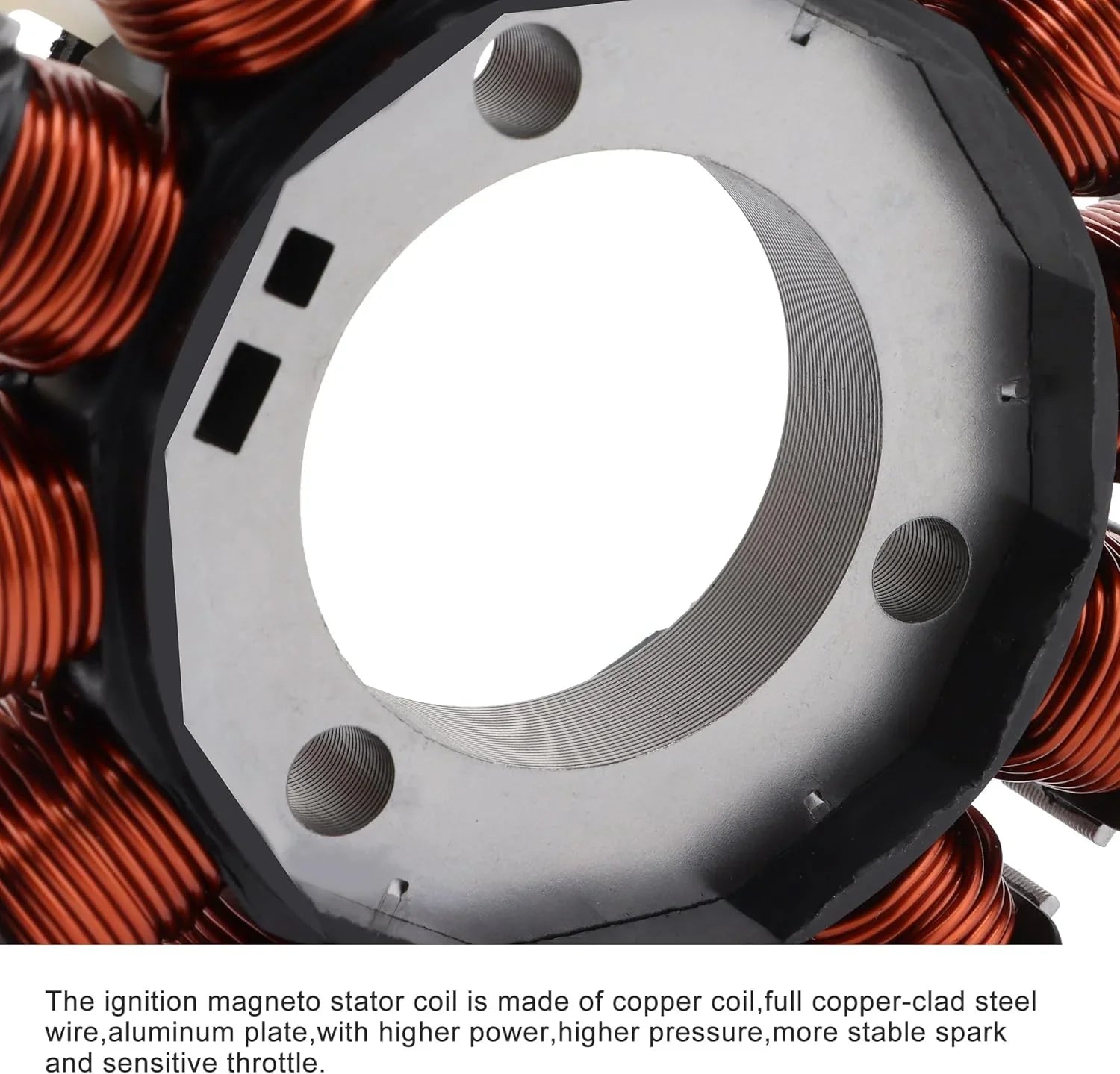 Close-up of Yamaha Neo 115 magneto stator coil with copper wiring and aluminum plate.