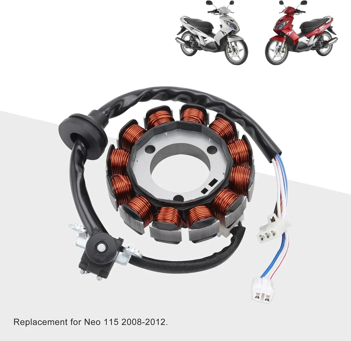 Yamaha Neo 115 magneto stator with wiring, suitable for 2008-2012 motorcycle models.
