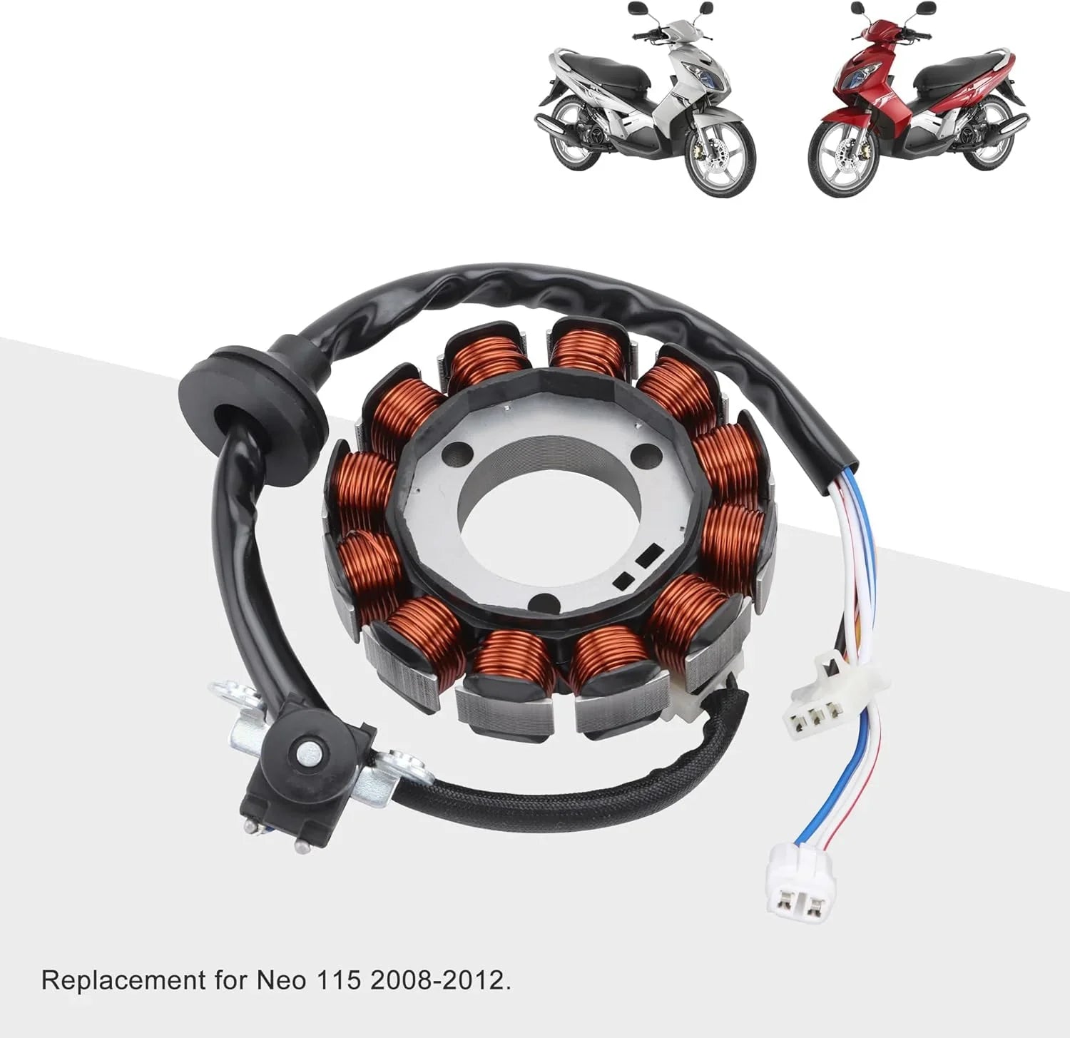 Yamaha Neo 115 magneto stator with wiring, suitable for 2008-2012 motorcycle models.