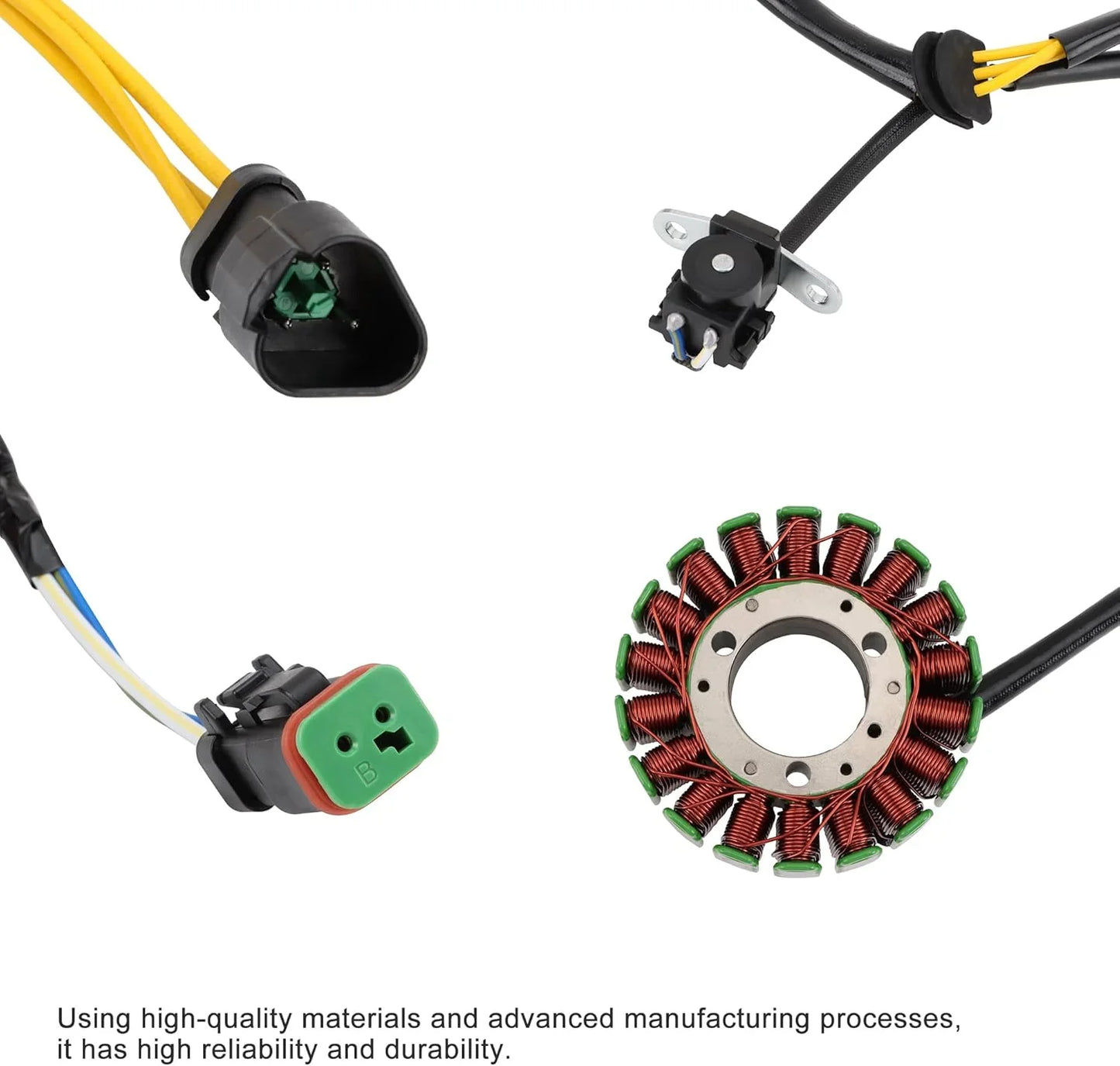 Can-Am DS450 stator magneto replacement with connectors and coil wiring, close-up.