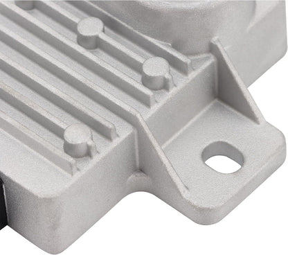 Close-up of a silver motorcycle regulator rectifier with mounting hole and cooling fins
